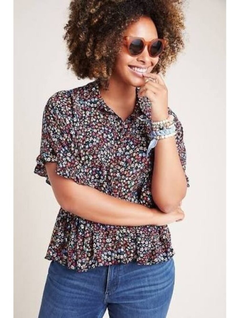 Anthropologie Maeve Mallory Floral Ruffled Short Sleeve Blouse XS